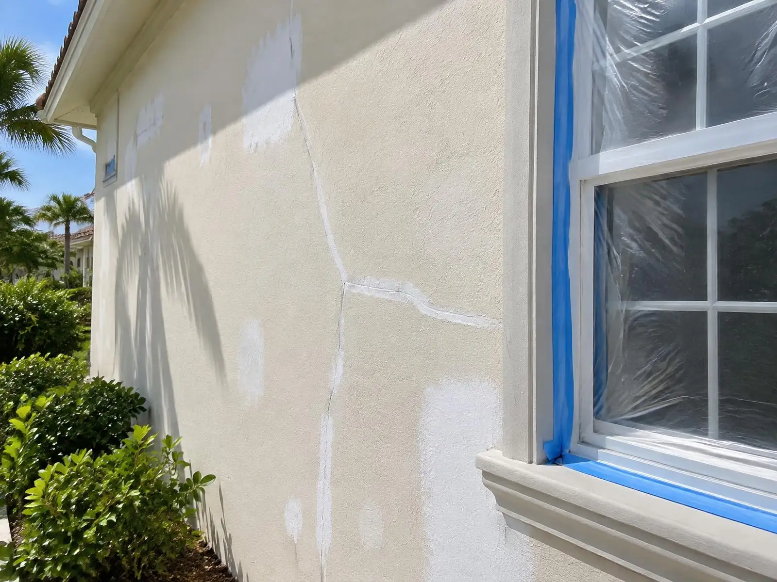 Exterior stucco wall with patched cracks, caulked joints and spot primer before painting