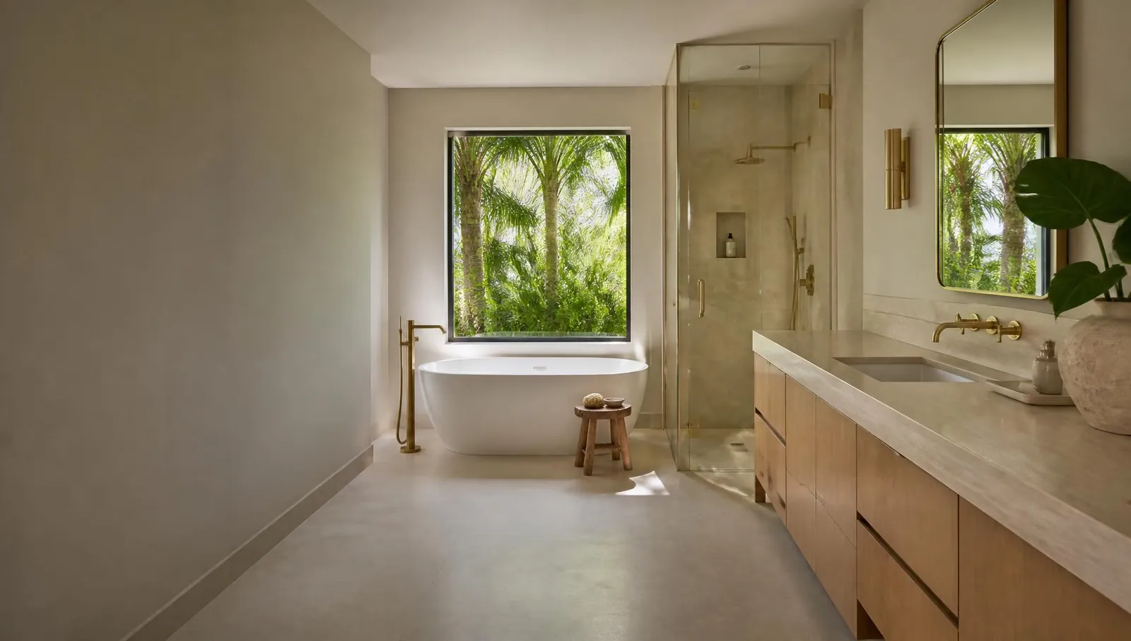 Completed luxury Boca Raton bathroom with limestone finishes, soaking tub, and palm views