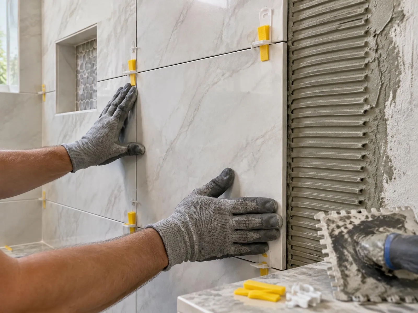 Large-format porcelain tile being set on a shower wall with leveling clips and thinset
