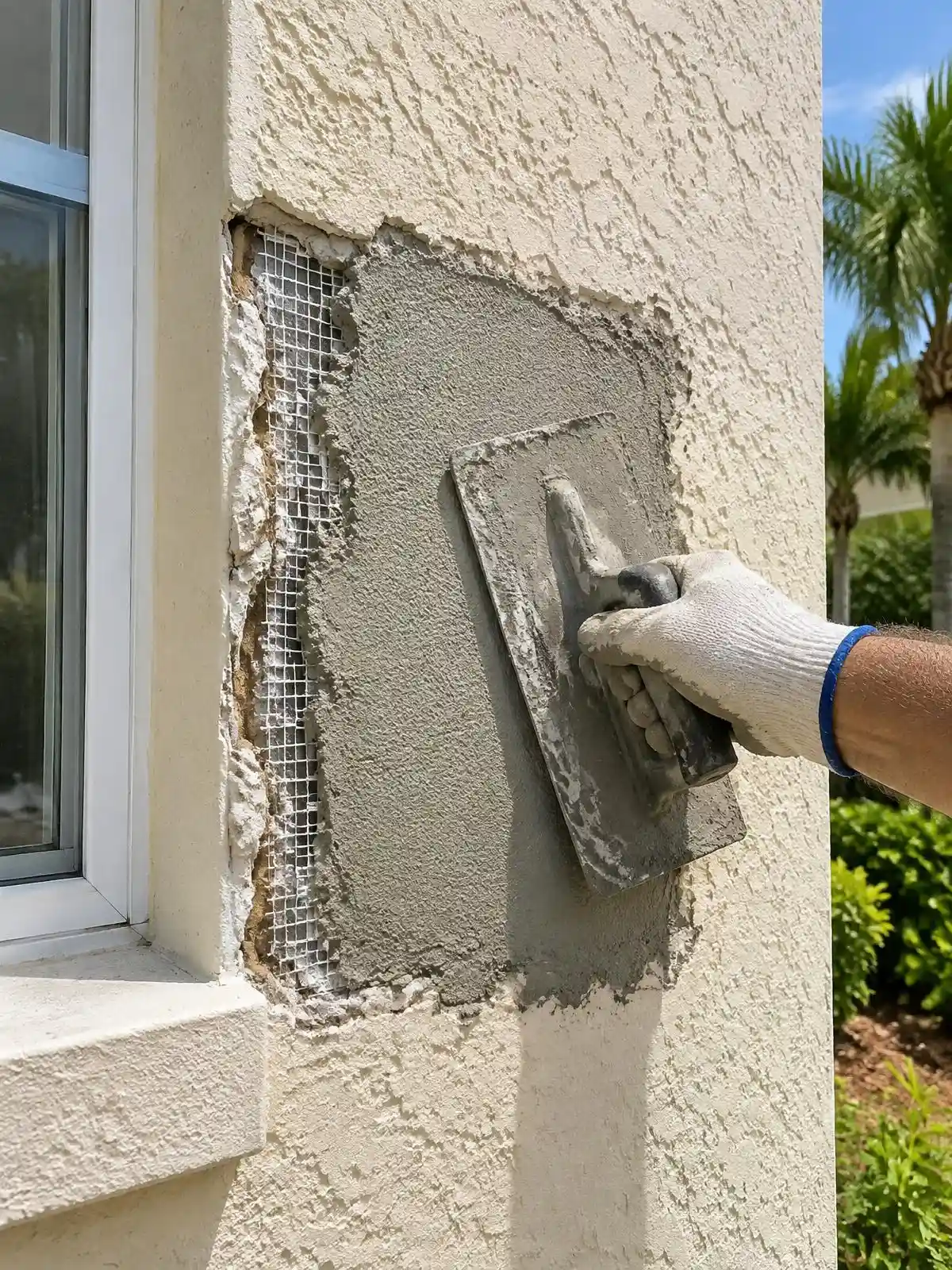 Damaged exterior stucco section being rebuilt with a trowel before painting