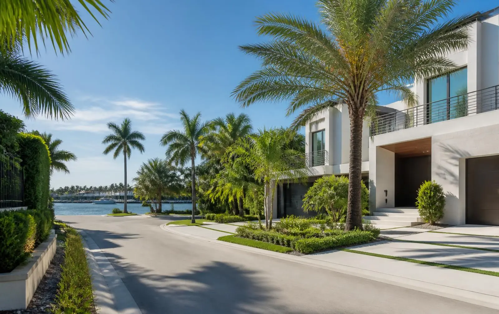 Upscale coastal South Florida street with modern homes and palms near the water