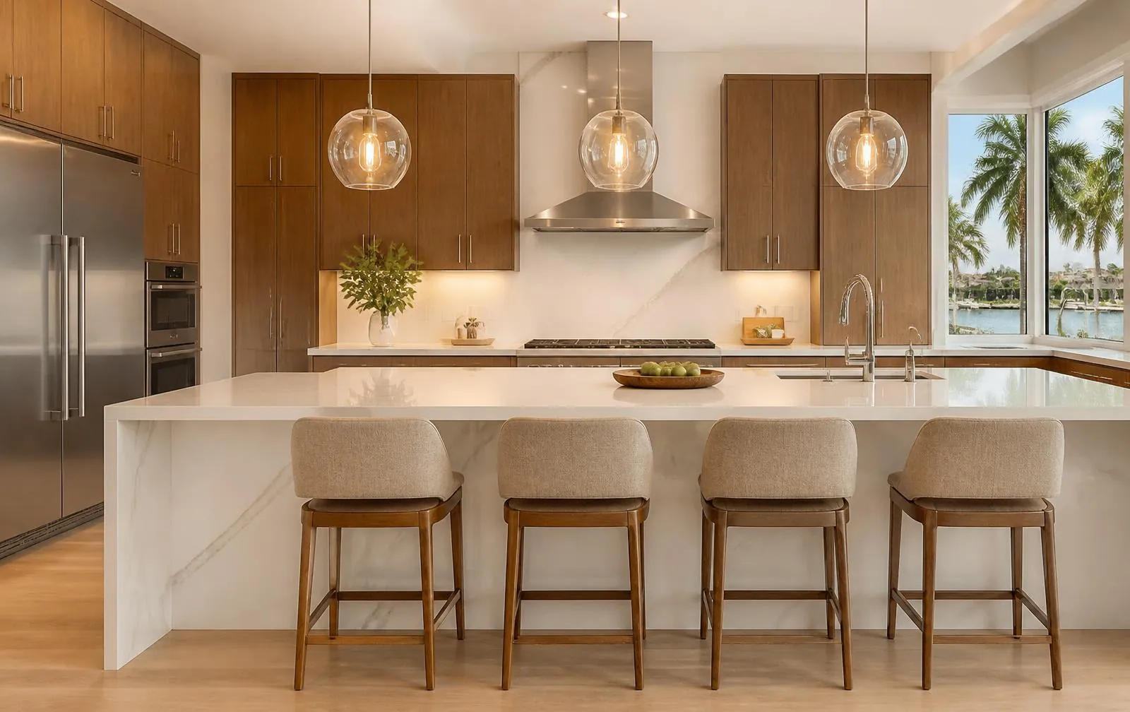 Finished luxury kitchen remodel with quartz island and wood cabinetry in a South Florida home